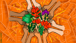 Ilustración Movimiento Raíz, un banco de alimentos que ayuda a personas en situación límite.