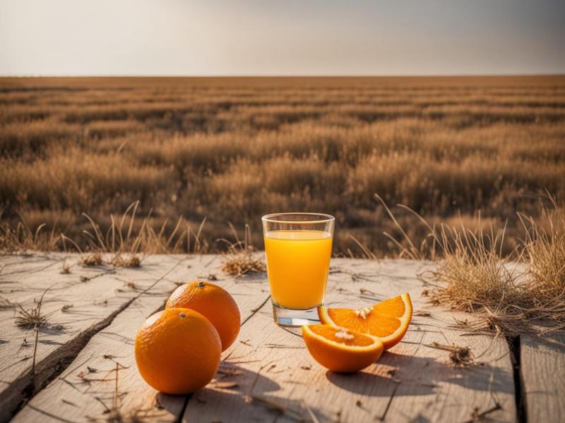Jugo de naranja en un campo seco