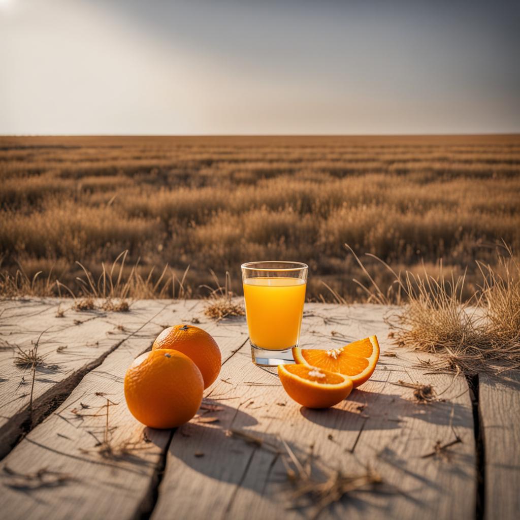Jugo de naranja en un campo seco