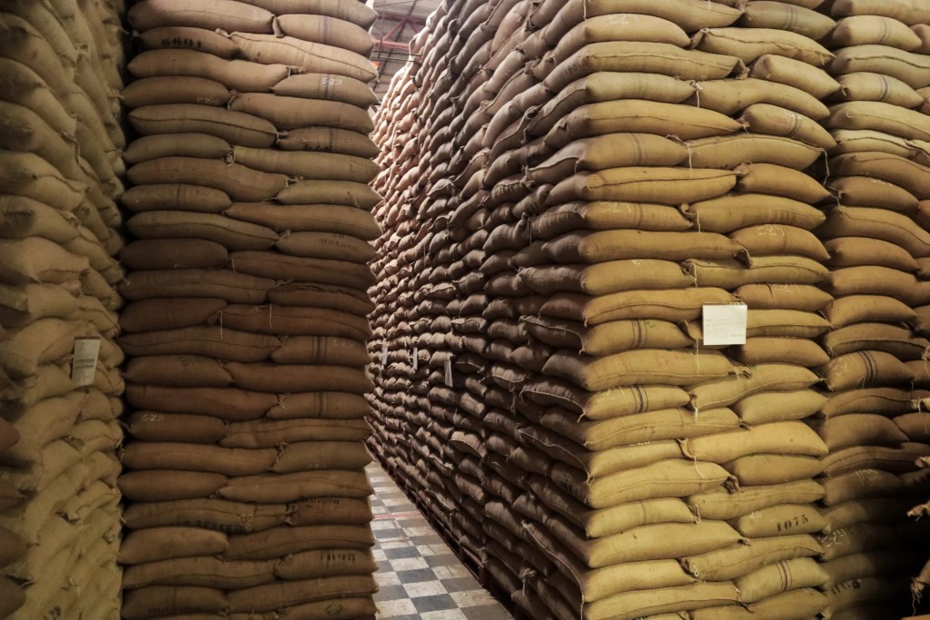 Sacos de café en el almacén de EGOS en Tapachula. © Damián Sánchez