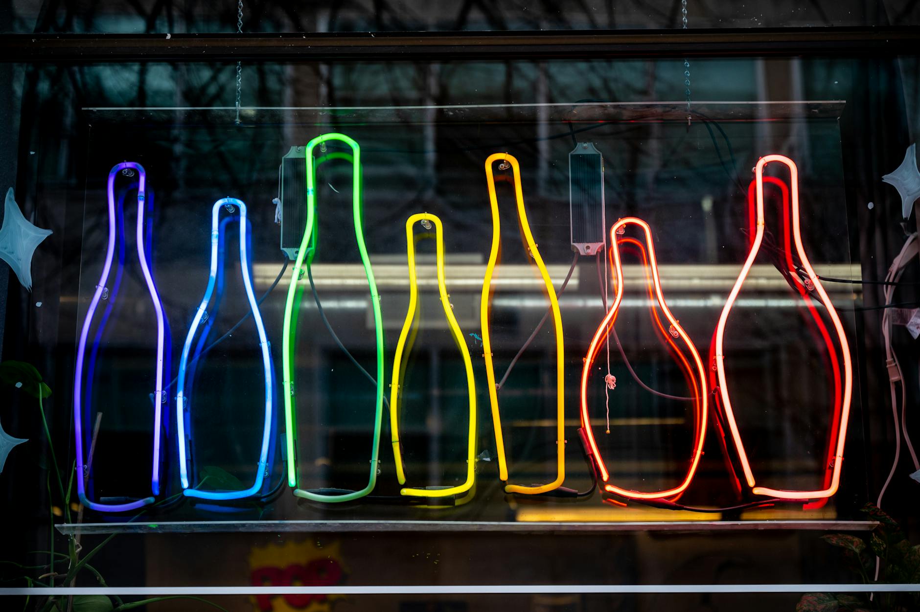 colorful neon lights in the shape of bottles