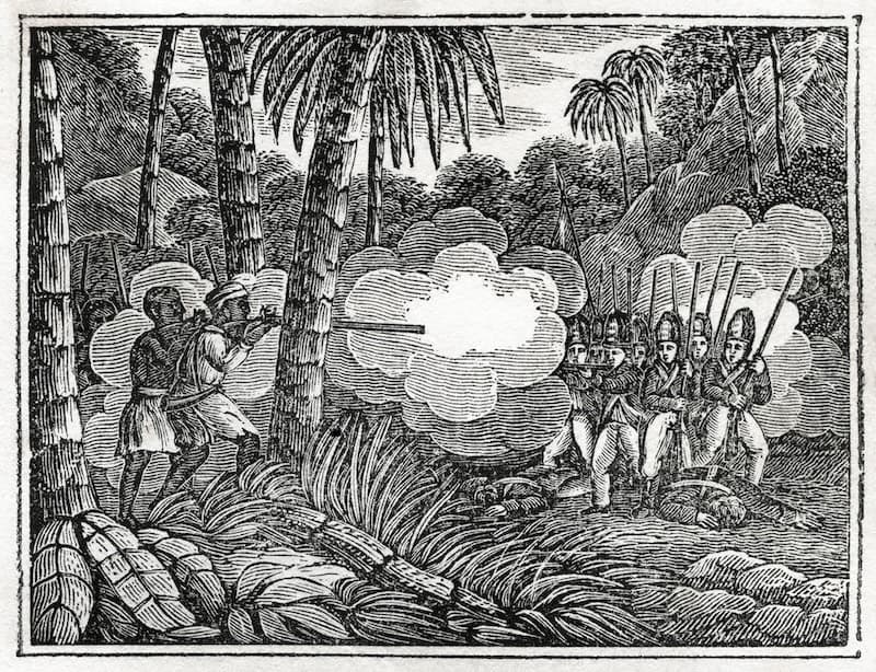 Escena de la Segunda Guerra Cimarrona de Jamaica (1795-1796), de The Historical Cabinet, de L. H. Young, 1834. Imagen Glasshouse Images/Alamy Stock Photo