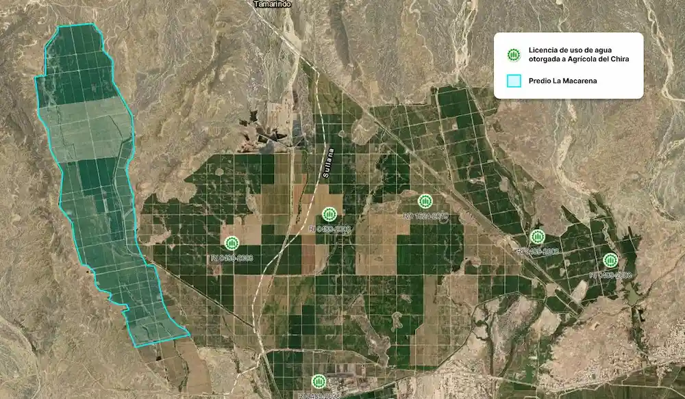 Ubicación del predio La Macarena (celeste) y de las licencias de uso de agua superficial otorgadas a Agrícola del Chira en el valle del Chira.