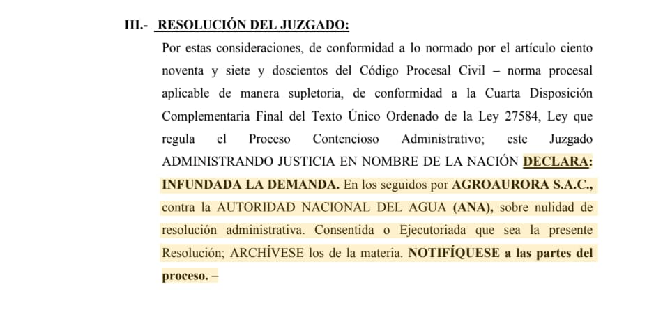 sanciones de la Autoridad Nacional del Agua contra Agroaurora.