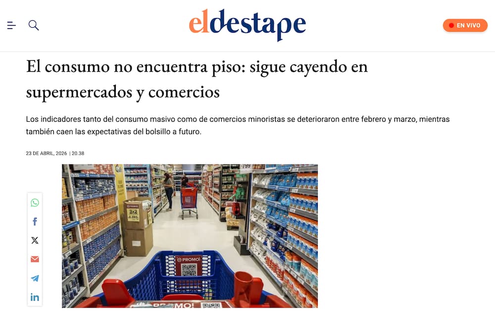 «EL consumo no encuentra piso: sigue cayendo en supermermercados y comercios». El Destape